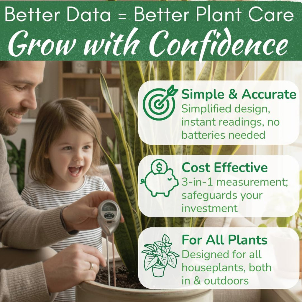 Houseplant Health Meter, 3-in-1 Soil Moisture, Sunlight & pH Testing Tool