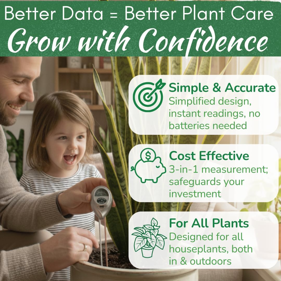 Houseplant Health Meter, 3-in-1 Soil Moisture, Sunlight & pH Testing Tool