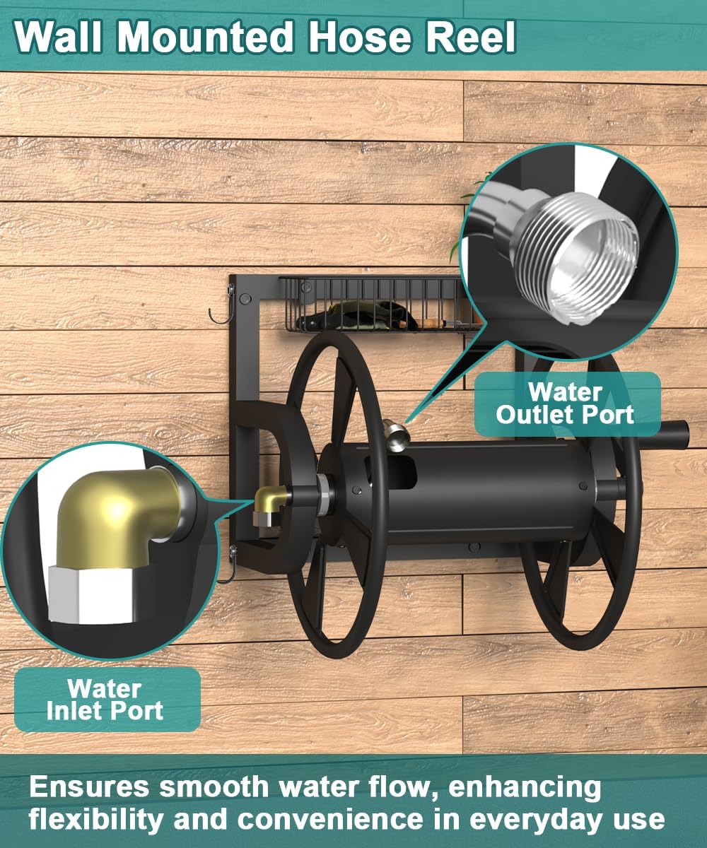 Outdoor Wall Mounted Hose Reel with Hook, Garden Heavy-Duty Water Holder Winder with 3.9 ft Leader Hoses, Brass Fitting