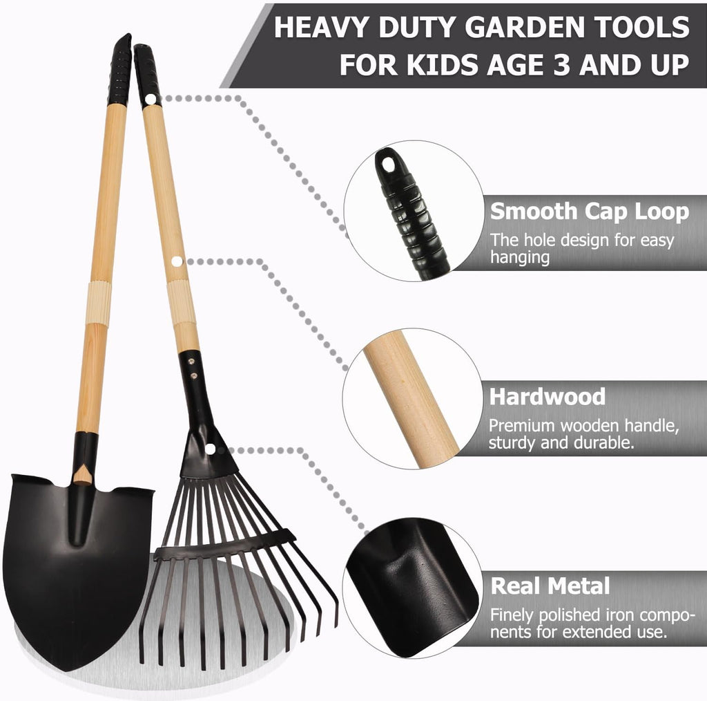 7PCS Kids Gardening Tools, Long Shovel, Rake for Leaves, Spade, Hoe, Steel Heads & Real Wood Handle, Yard Tools for