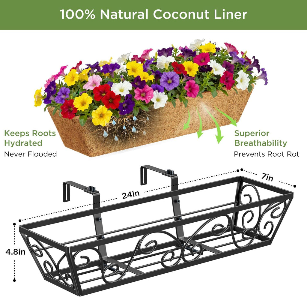 HFHOME 24 Inch Railing Planter Box with Coco Liners for Porch, Fence, Patio, Balcony Hanging Flower Railing Baskets