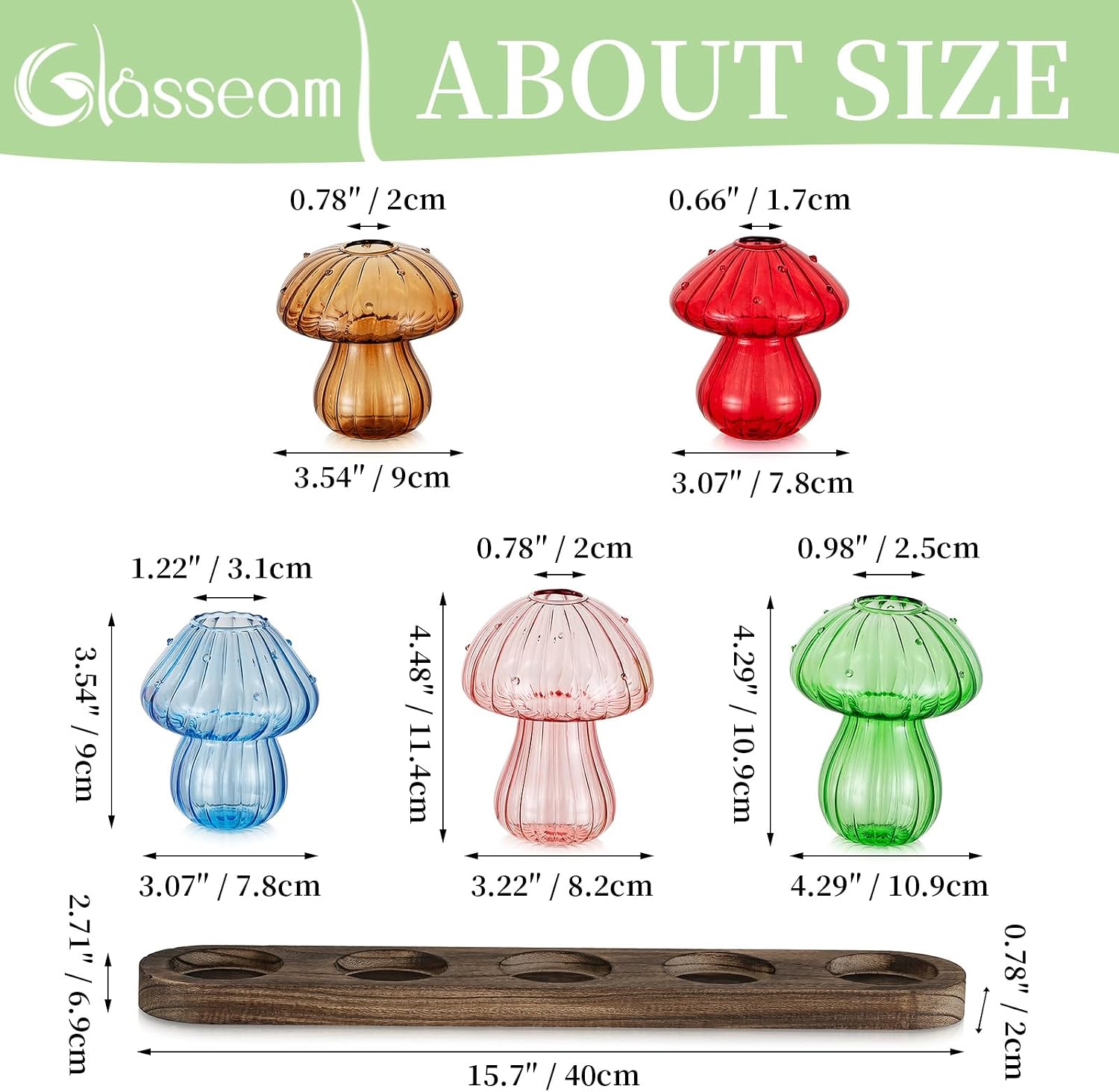 Glasseam Mushroom Glass Plant Propagation Station with Wooden Stand 5Pcs | Colored Handmade Indoor Small Terrarium Jar