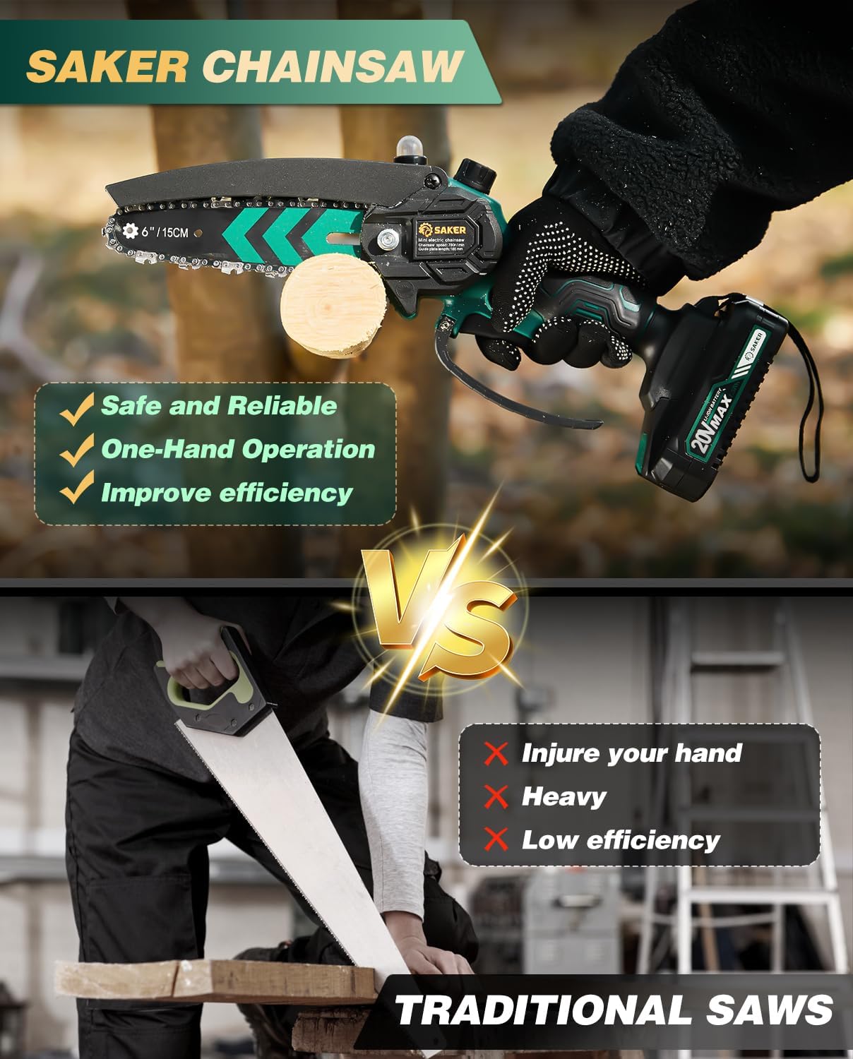 Saker Mini Chainsaw Cordless with Auto Oiler 6 Inch 2 Batteries+3 Chains | Mini Electric Chain Saw,Small Handheld