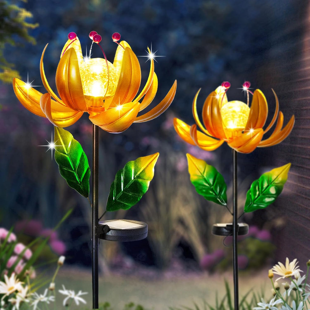 Solar Lights Wind Spinners for Yard and Garden - Metal Lotus Flower Windmills LED Crackle Glass Globe Outdoor Garden