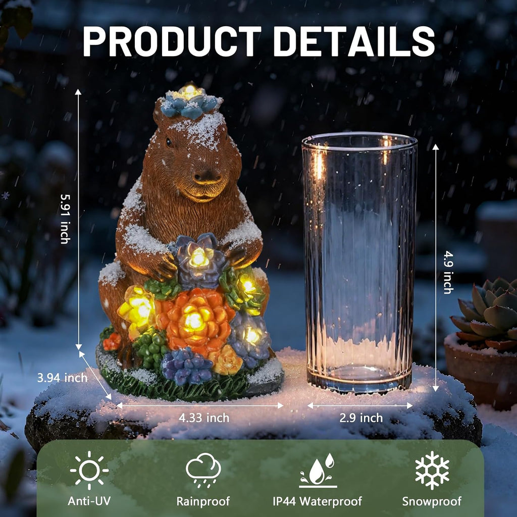 Solar Capybara Garden Statue with Flower LED Lights, Resin Capybara Garden Decor, Outdoor Statue, Patio, Yard, Pond