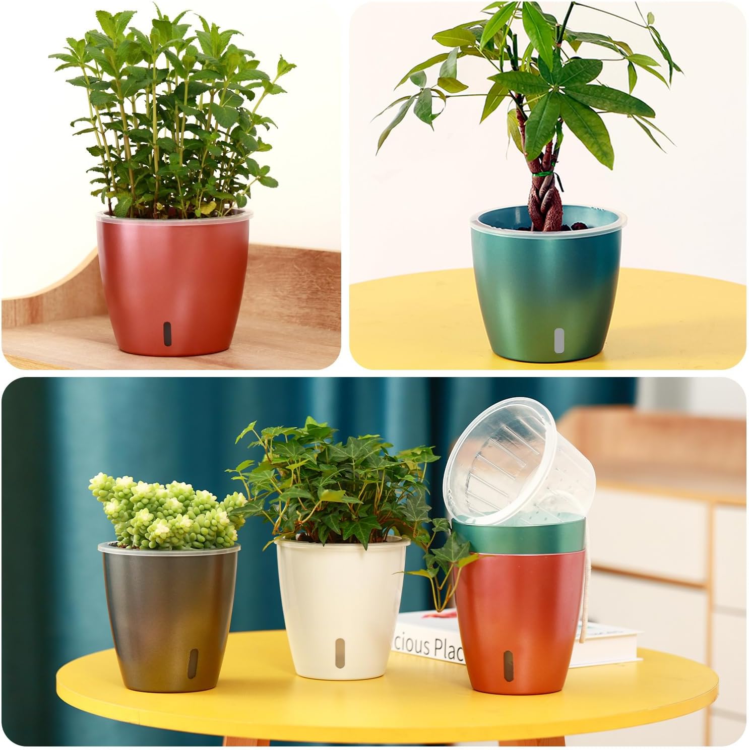 Self Watering Pots for Indoor Plants, 4-Pack 6.7'' Self Watering Planter with Drainage Holes, Small African Violet Pots