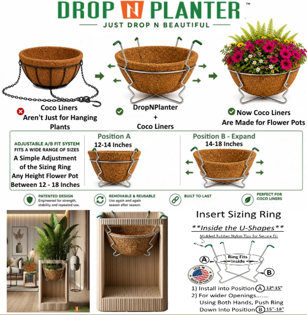 The DropNPlanter/Premium Adjustable Patented Design-Rubber Tips-Stable Fit in The TOP/Flower Pot Openings from 12-18