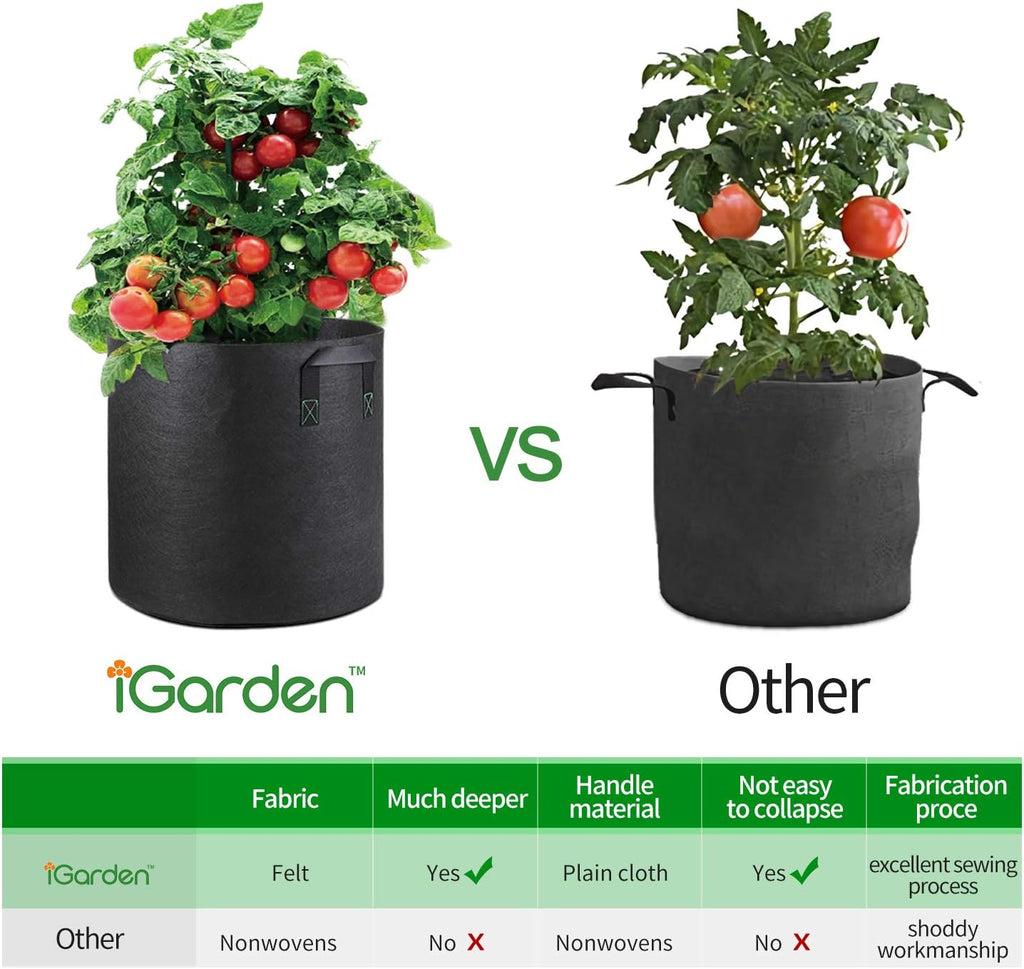 iGarden Grow Bags Tall, 10 Gallon Grow Pots 6 Pack with Handles, Heavy Duty 320G Thickened Nonwoven Fabric Plant Bag