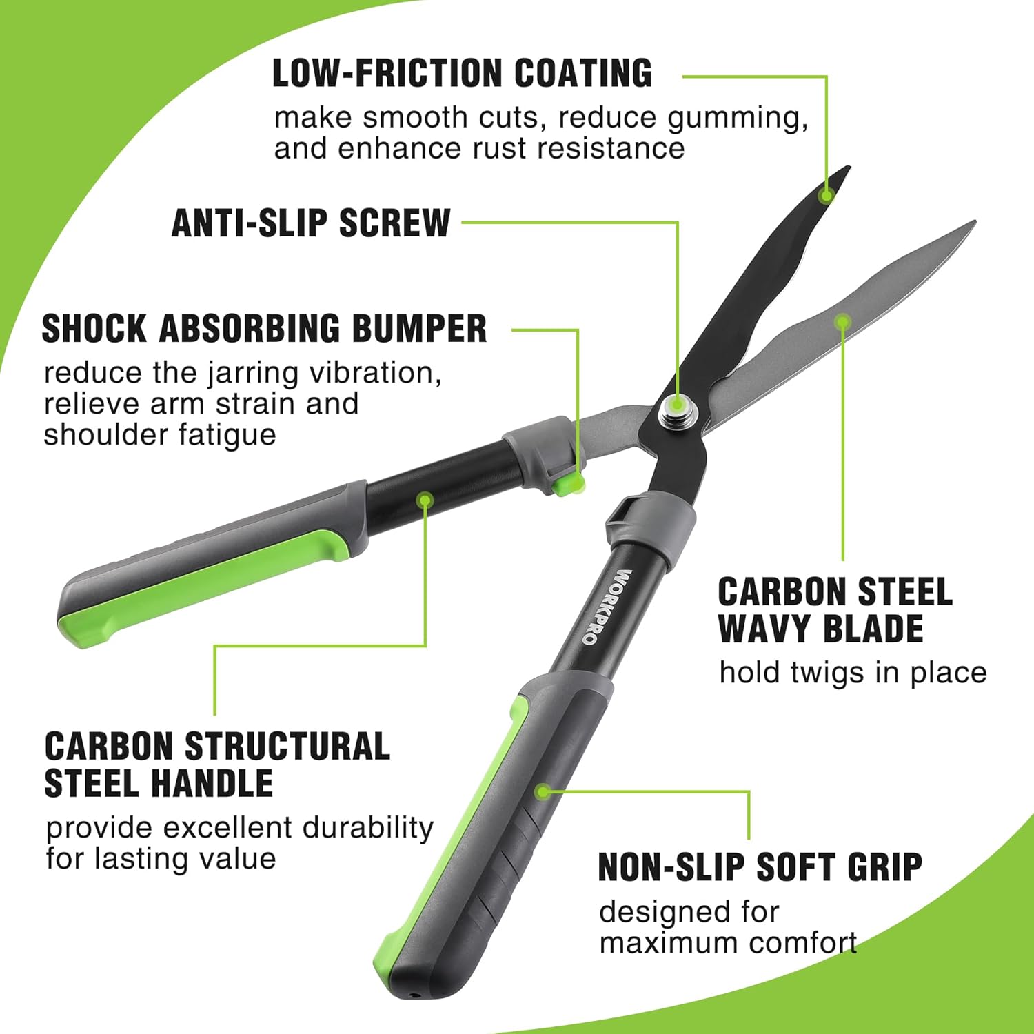 WORKPRO Garden Hedge Shears, 23" Manual Hedge Clippers/Bush Cutter | Gardening Shears with Steel Wavy Blade, Shock
