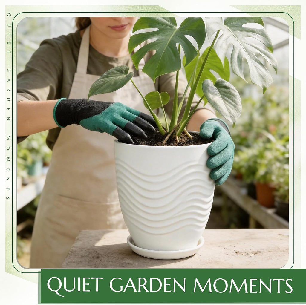 9.5 Inch Flower Pots for Indoor Plants,Ceramic Planter with Saucer Drainage Leak-Proof Mesh Gardening Gloves