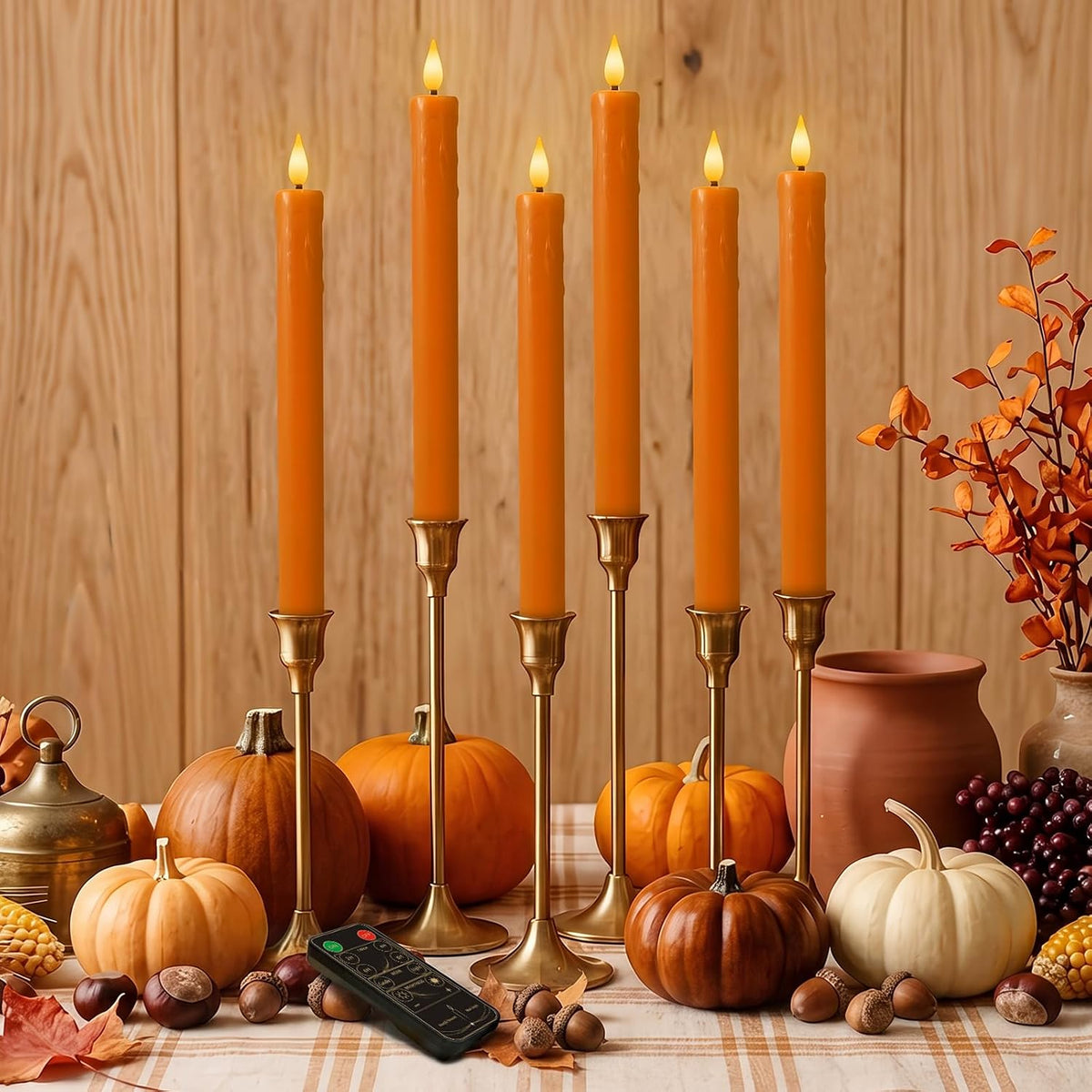 Homemory 6 Pcs Real Wax Flameless Taper Candles, 9.6 inch Dripping Orange LED Candlesticks with Flickering Flame, Battery Operated with Remote and Timer for Autumn Home Window and Table Decor