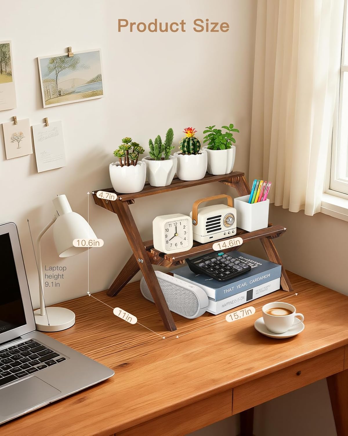 2 Tier Desktop Plant Stand, Wooden Windowsill Plant Shelf Indoor | X-Frame Tabletop Flower Stand, Ladder Succulent