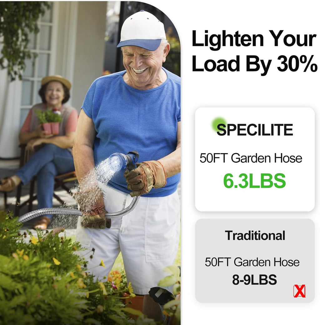 SPECILITE 50ft 304 Stainless Steel Metal Garden Hose with Nozzle | Puncture Resistant, Flexible, Never Kink & Tangle