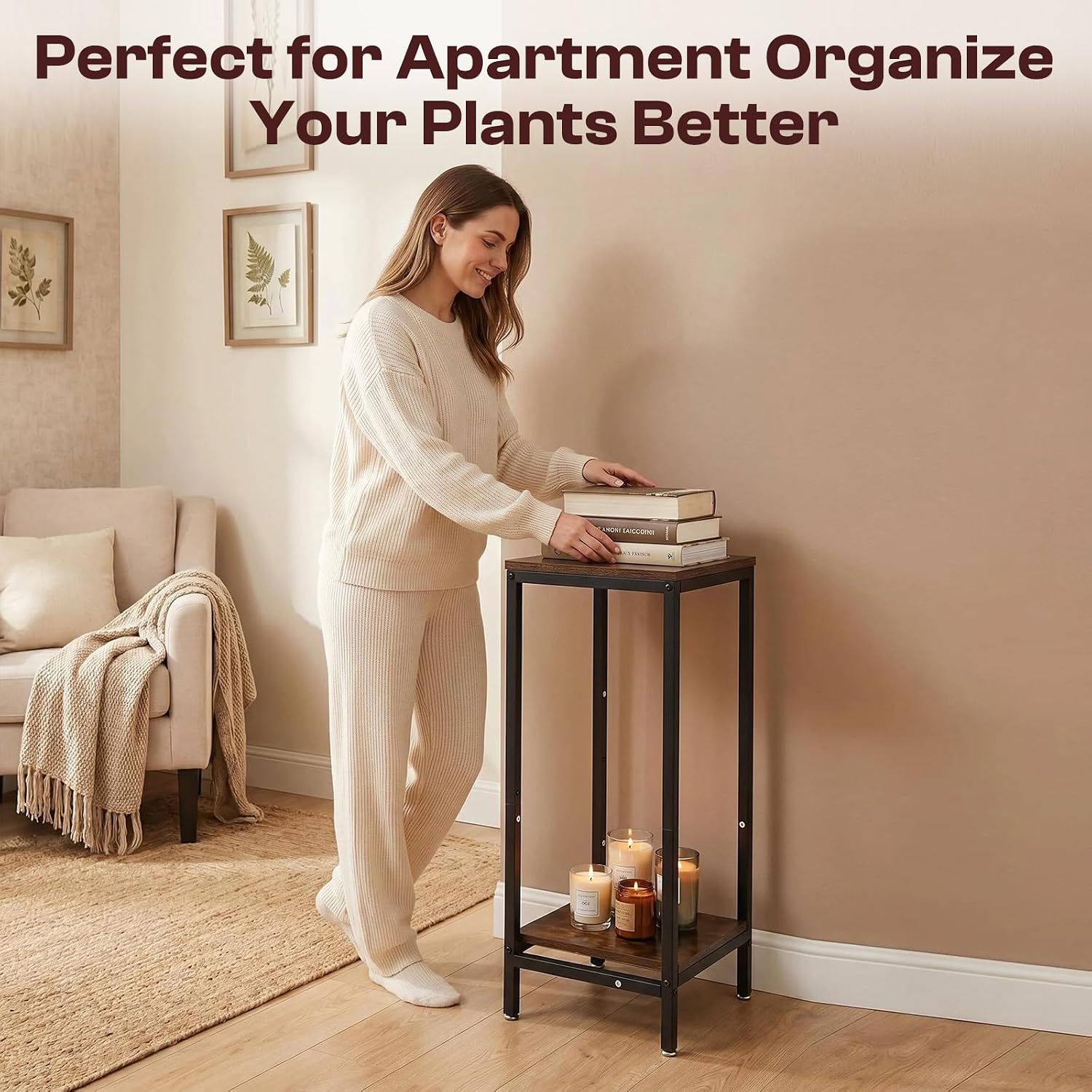 30 Inch Tall Plant Stand Indoor, 2 Tier Modern Square Plant Stand for Indoor Plants, Wood & Metal Flower Shelf Corner