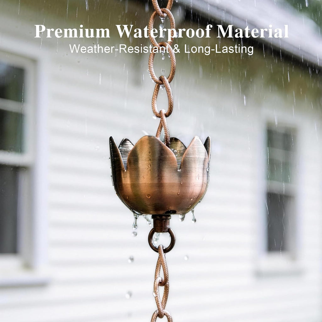 6FT Lotus Rain Chain, Metal Rain Chains for Gutters with 8 Cups | Adjustable Rainwater Catcher Chain for Outside, Rain
