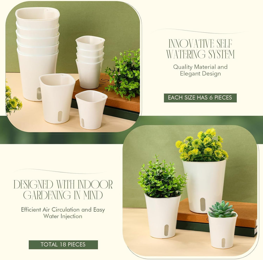 18 Pcs Self Watering Pots Plastic Plant 3 Sizes Flower Plant Pot with Inner White Flower Pots for Indoor House Plants