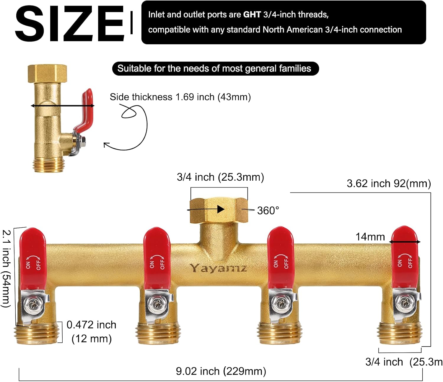 4 Way Garden Hose Splitter, 3/4" GHT Outdoor Water Spigot Splitter | Heavy Duty Solid Brass Body with Shut-off Valves &