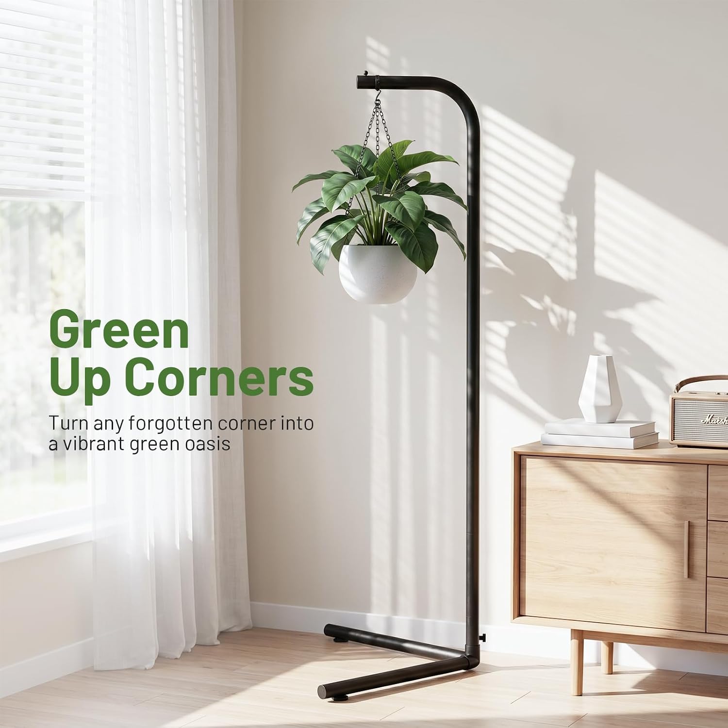 Hanging Plant Stand Indoor, Corner Plant Stands for Indoor Plants, Black Metal Hanging Plant Holder, Standing Plant