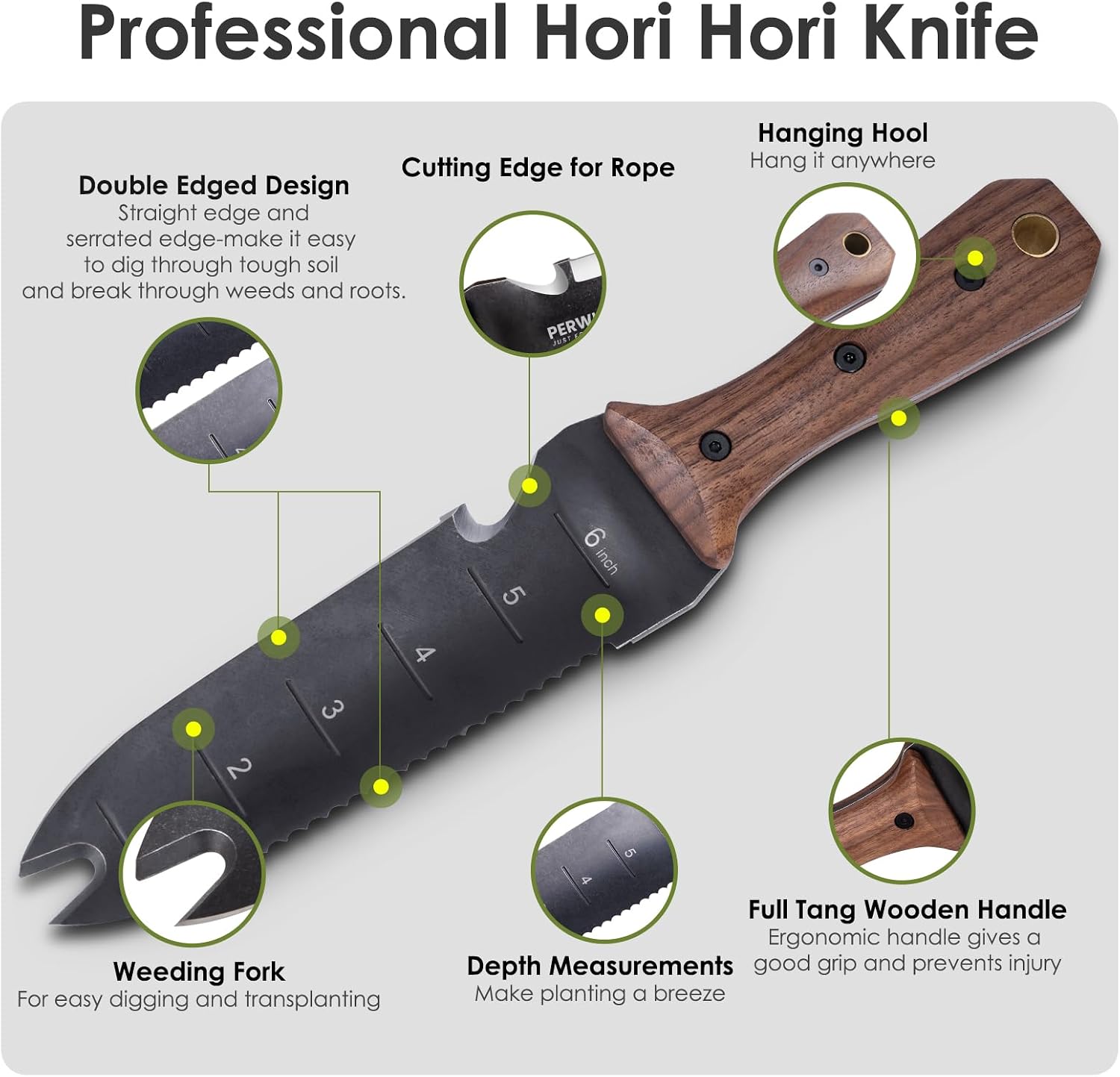 PERWIN Hori Hori Garden Knife, Garden Tools with Sheath for Weeding, Planting, Digging, 7" Stainless Steel Blade with