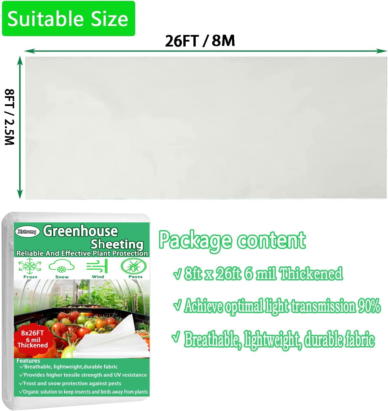 8x26 FT Greenhouse Plastic Sheeting, 6 Mil Clear Poly Film Cover | Waterproof Wind Frost Dust UV Resistant Green House