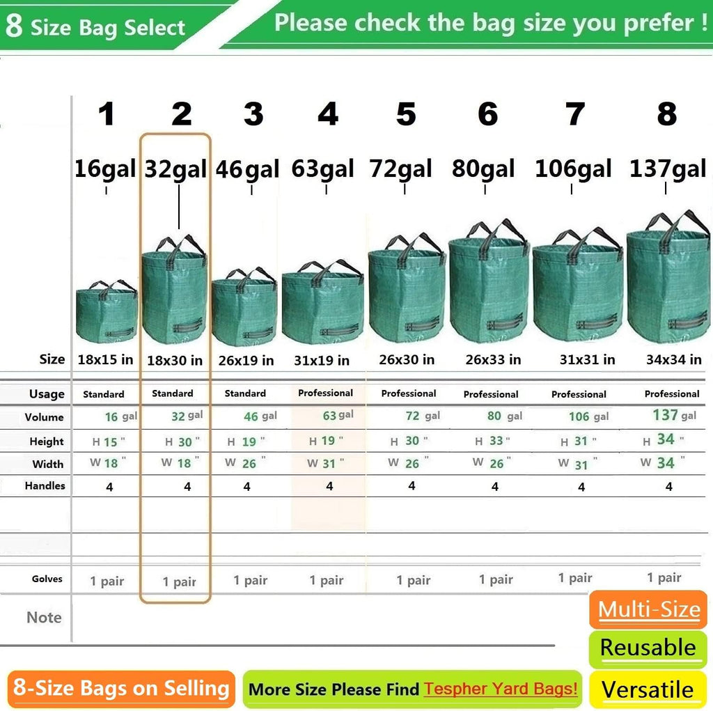 Standard 3-Pack 32 Gallon Lawn Garden Bags (D18,H30 inch) Yard Waste Bags with Gardening Gloves - Reusable Leaf