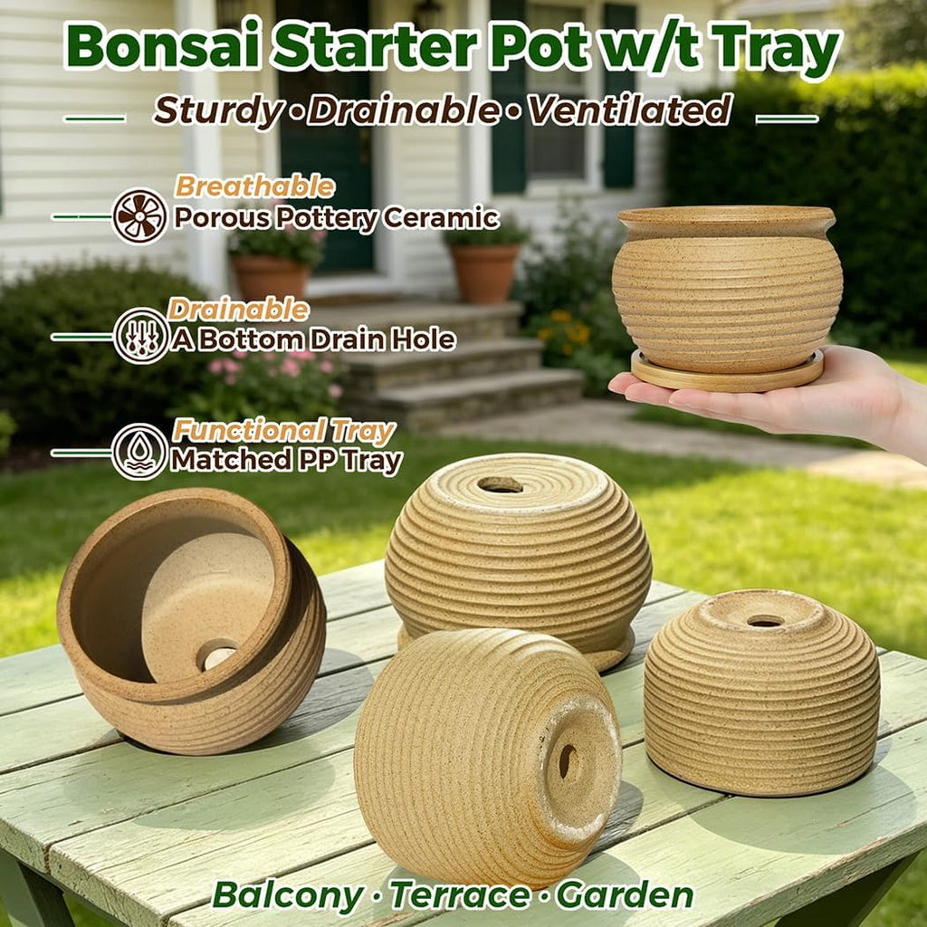 MUZHI Rustic 4 inch Bonsai Plant Pot with Bamboo Tray Set of 4, Unglazed Ceramic Succulent Cactus Pot Indoor Outerdoor