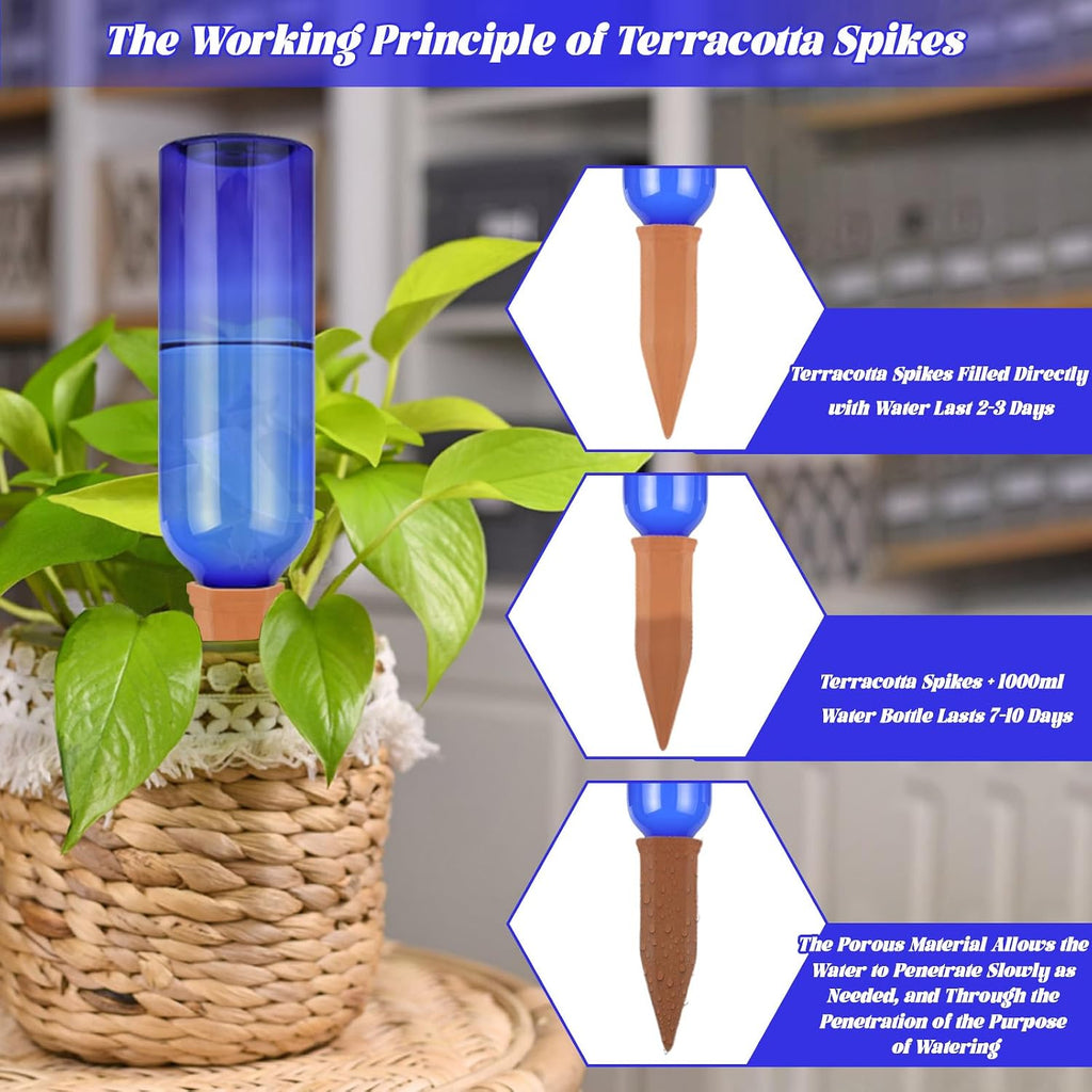 TINSKY 6 Sets Plant Watering Devices Terracotta Self Watering Spikes and 26 Oz Plastic Blue Bottles Slow Release