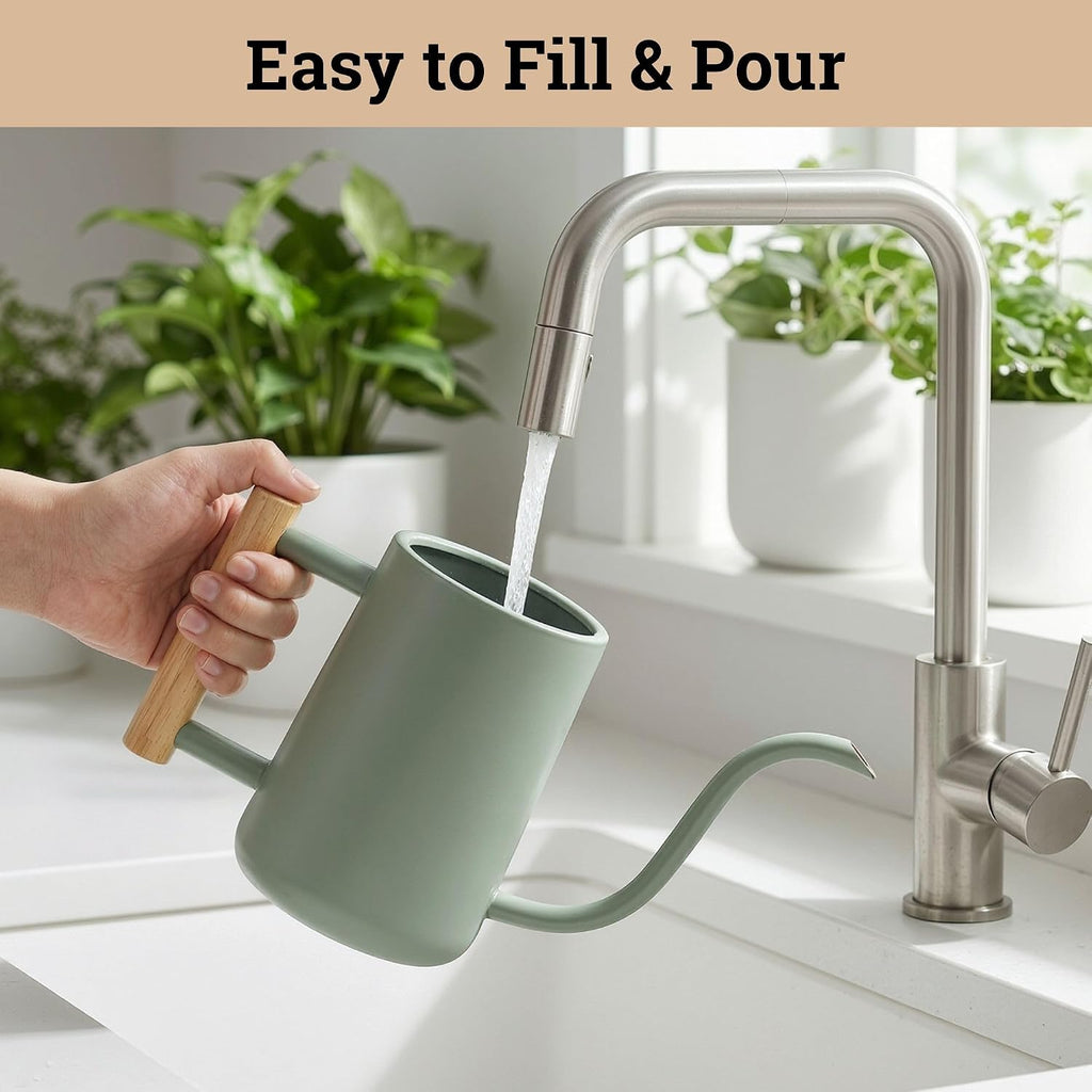 Metal Small Indoor Watering Can with Long Spout & Real Wood Handle, 35oz | Long Spout, Stainless Steel, Real Wood