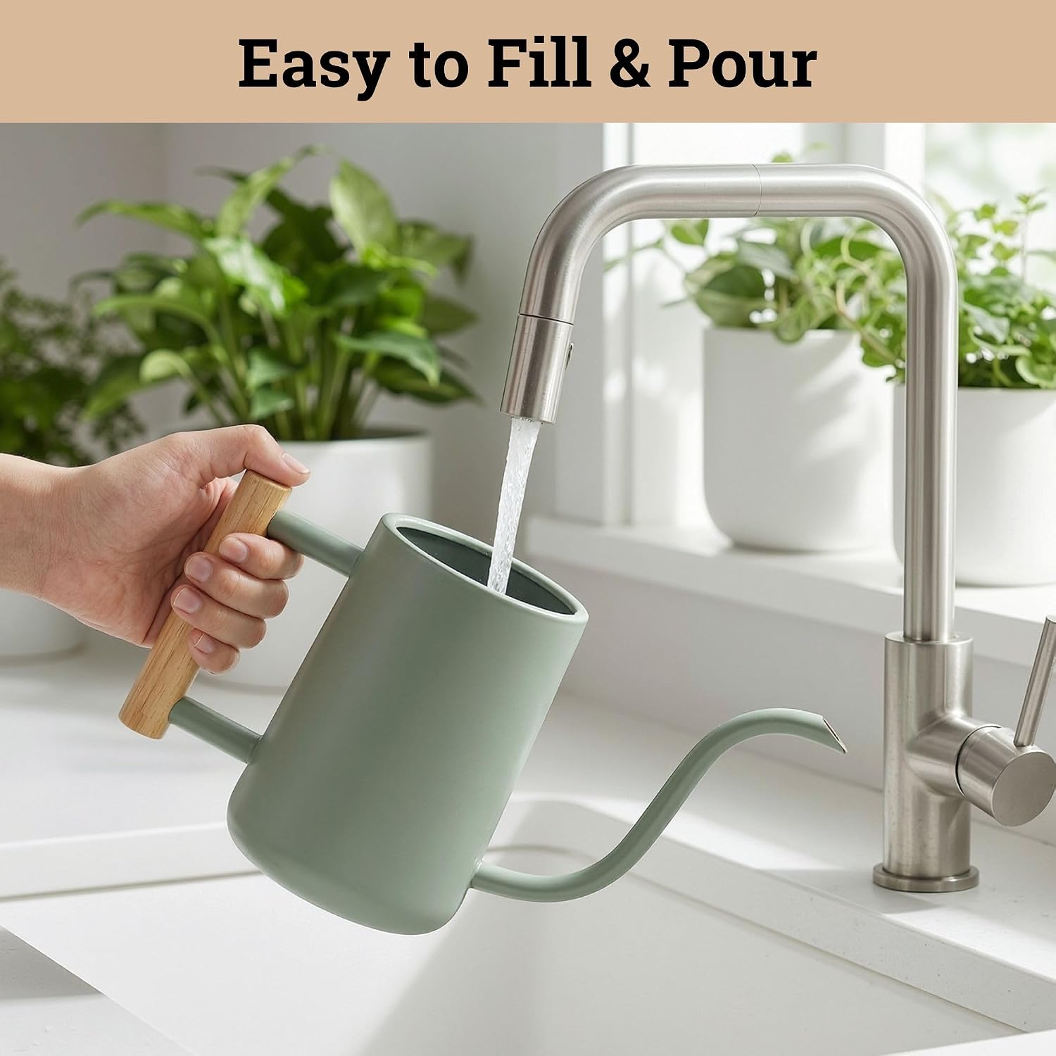 Metal Small Indoor Watering Can with Long Spout & Real Wood Handle, 35oz | Long Spout, Stainless Steel, Real Wood