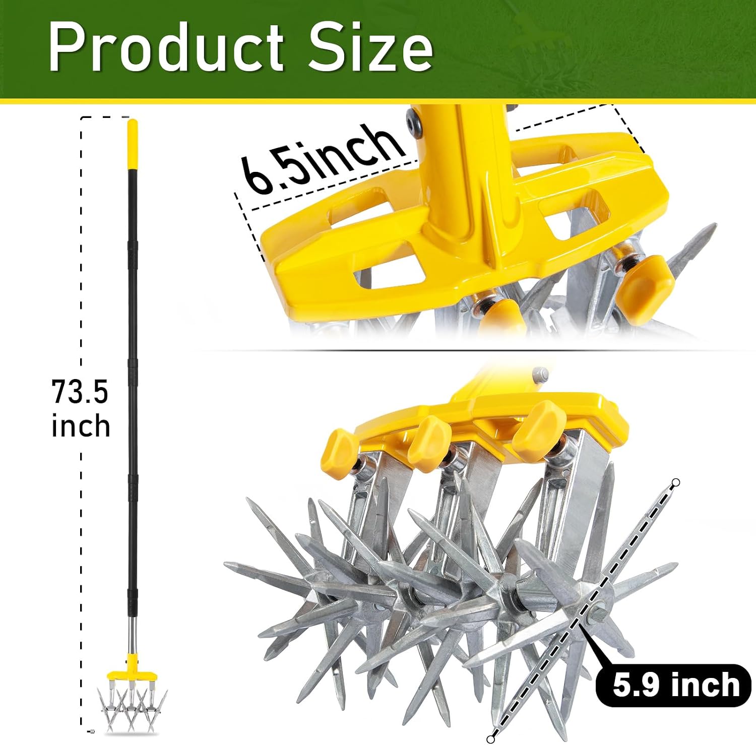 Rotary Cultivator Garden Tool with Extra-Large Tines, 74-Inch Long Handle Manual Tiller Cultivator, Heavy-Duty Rotary