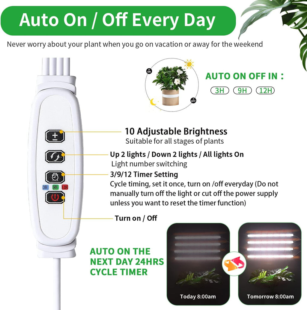 RWNTAO Grow Lights for Indoor Plants, 13" Grow Light Strips with Timer 3/9/12 H, 10 Dimmable Levels, 192 LEDs Full