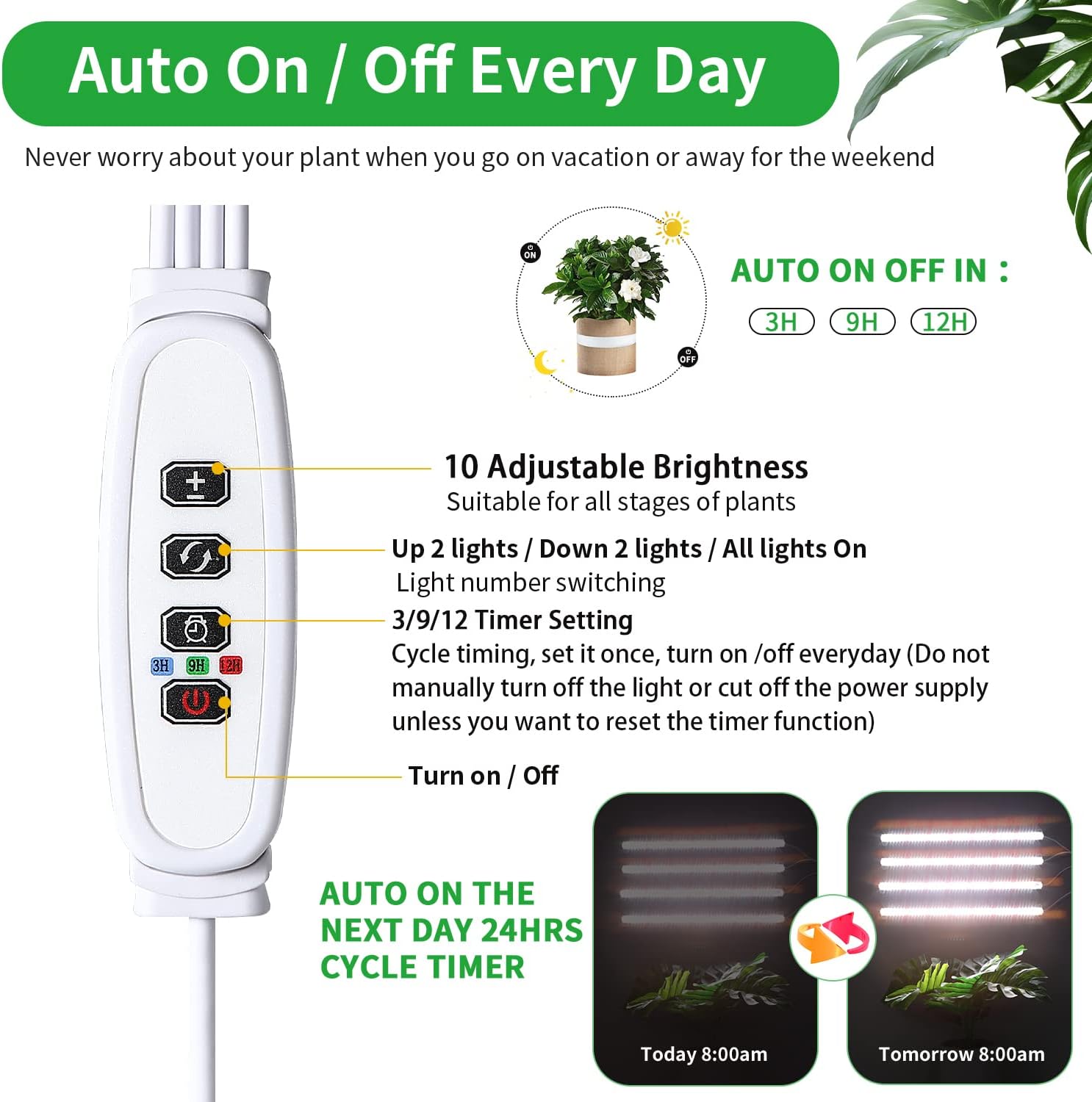 RWNTAO Grow Lights for Indoor Plants, 13" Grow Light Strips with Timer 3/9/12 H, 10 Dimmable Levels, 192 LEDs Full