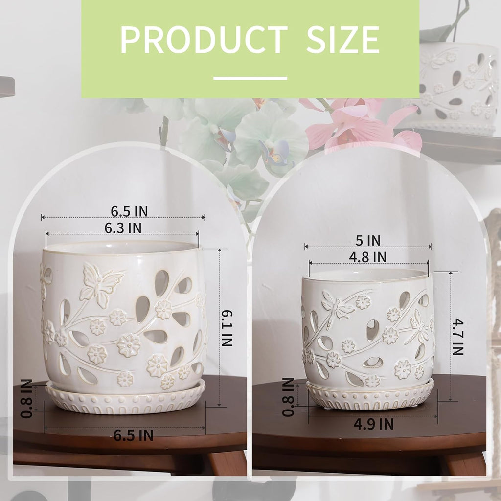 6.5" + 5" Ceramic Orchid Pot with Drainage Holes & Saucer | Orchid Containers with Precise Aeration, White Flower Pots