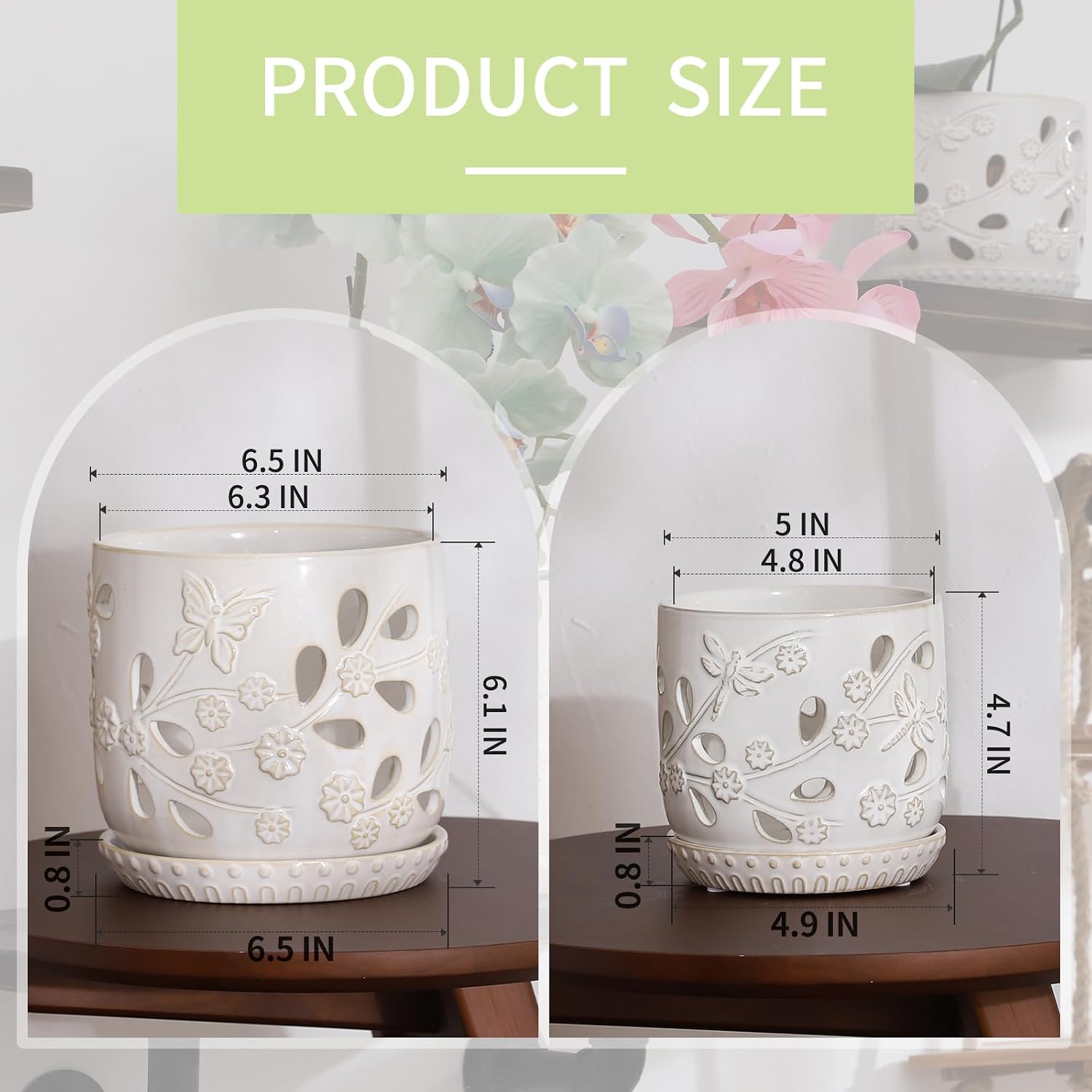 6.5" + 5" Ceramic Orchid Pot with Drainage Holes & Saucer | Orchid Containers with Precise Aeration, White Flower Pots