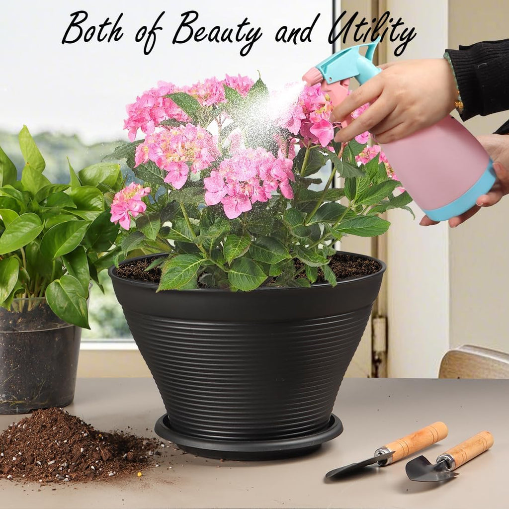 RooTrimmer 5 Pack 10 Inch Plant Pots with Saucers, Plastic Flower Pots with Drainage Holes, Large Planters for Indoor