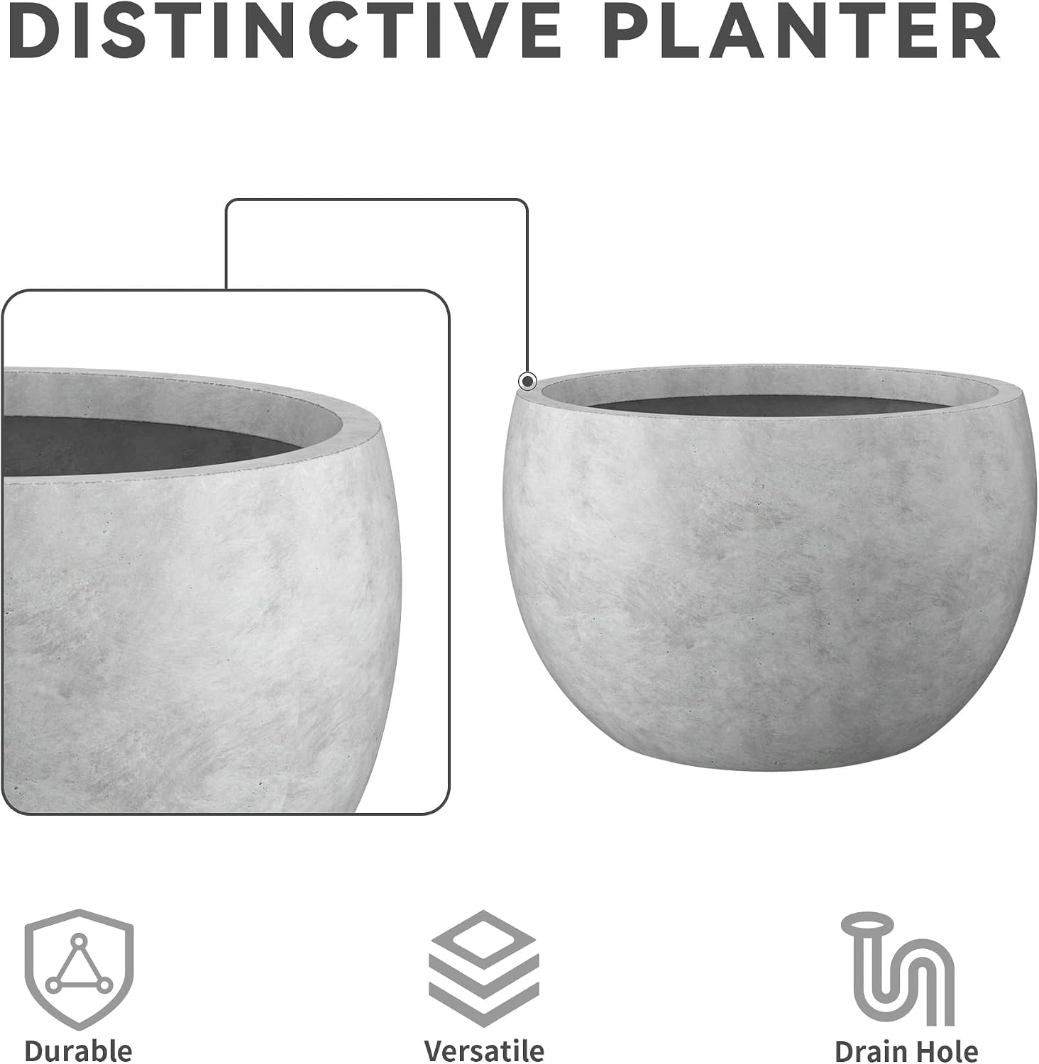 Kante Accent Round Bowl Pale Gray Concrete Planter 15.7" Dia, Outdoor | Rubber Plug for Indoor, Drainage for Garden