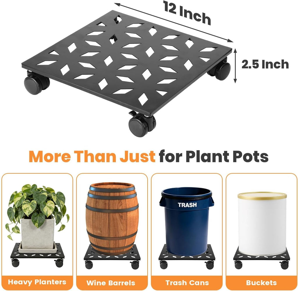 Party Zealot 12 Inch Plant Caddy with Wheels, 3 Pack Plant Stand with Wheels Heavy-Duty Metal Square Rolling Plant