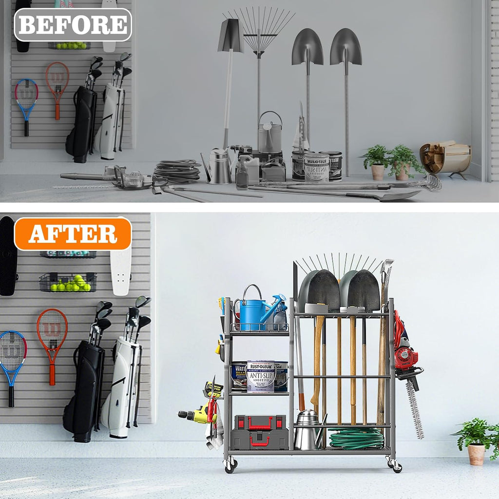 36" Large Garden Tool Organizer with Wheels & Side Tool Bag, 3 Tier Rolling Garage Storage Rack for Long Handled Rakes