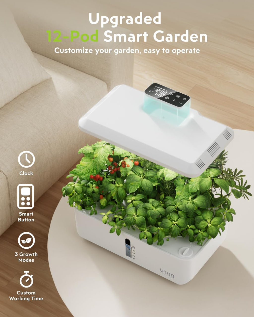 12 Pods Hydroponic Growing System LED Grow Light Remote Control White | Quiet Water Pump, Automatic Timer, Height