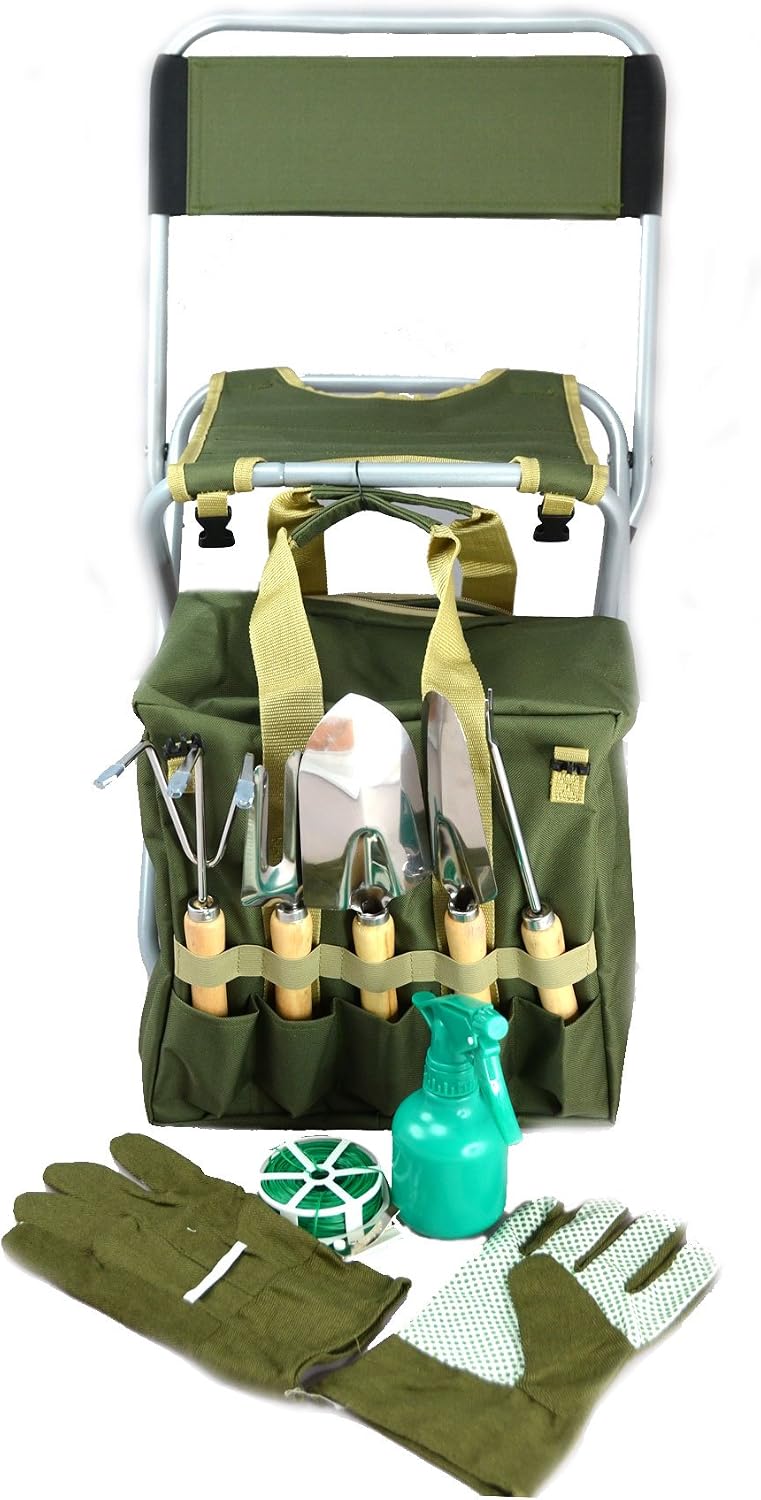 10-piece Gardening Tool Set with Zippered Detachable Tote and Folding Stool Seat with Backrest
