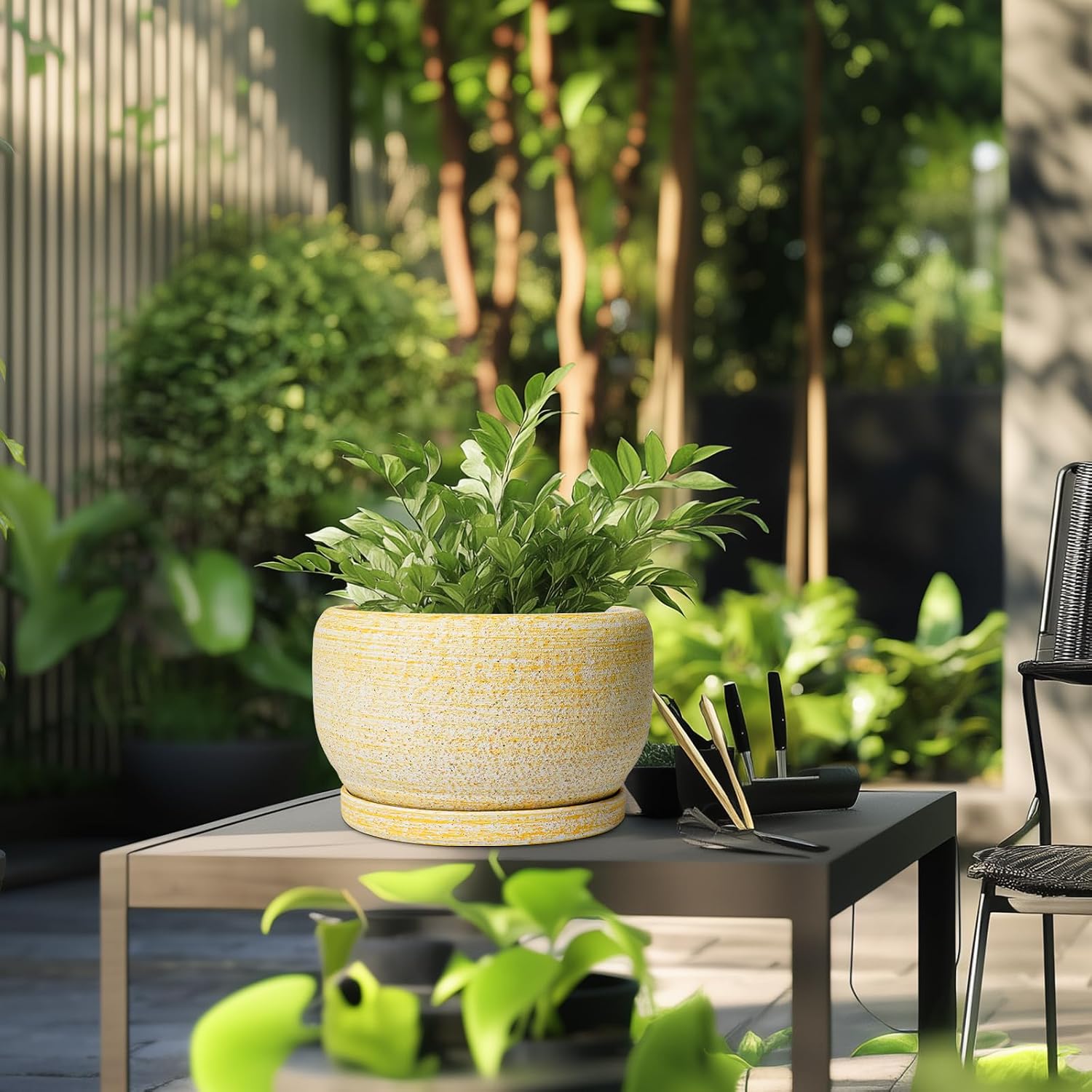 SQOWL Ceramic Planters for Indoor Plants - 10 Inch Plant Pot with Drainage Hole and Saucer, Round Ceramic Flower Pot