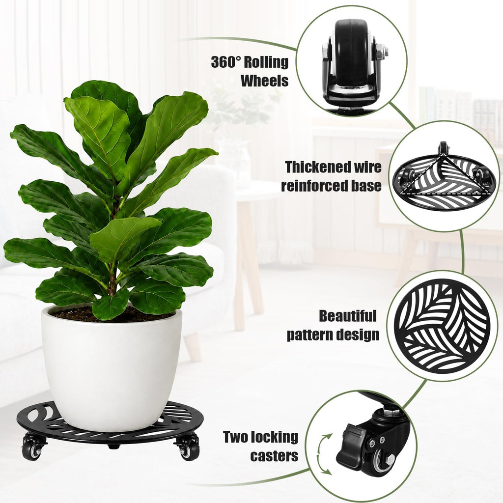 2-Pack Large Metal Plant Caddy with 3 Wheels 12 Inches Heavy-duty Rolling Plant Stands with Casters Wheeled Flower Pot