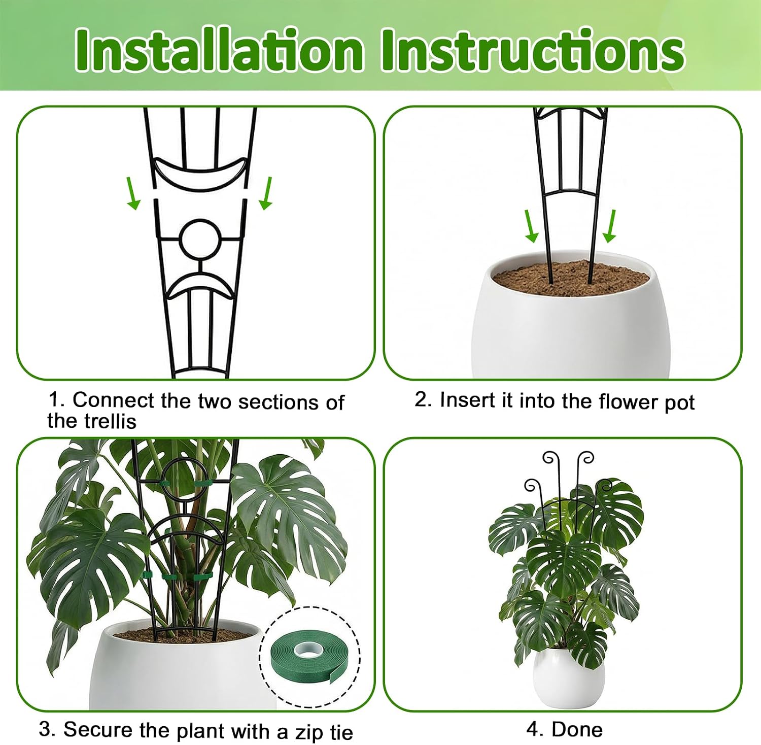 Monstera Plant Support - 4-Pack of 32.6" Tall Plant Trellis Stakes for Large Indoor Vines | Adjustable Dual Pole Frame