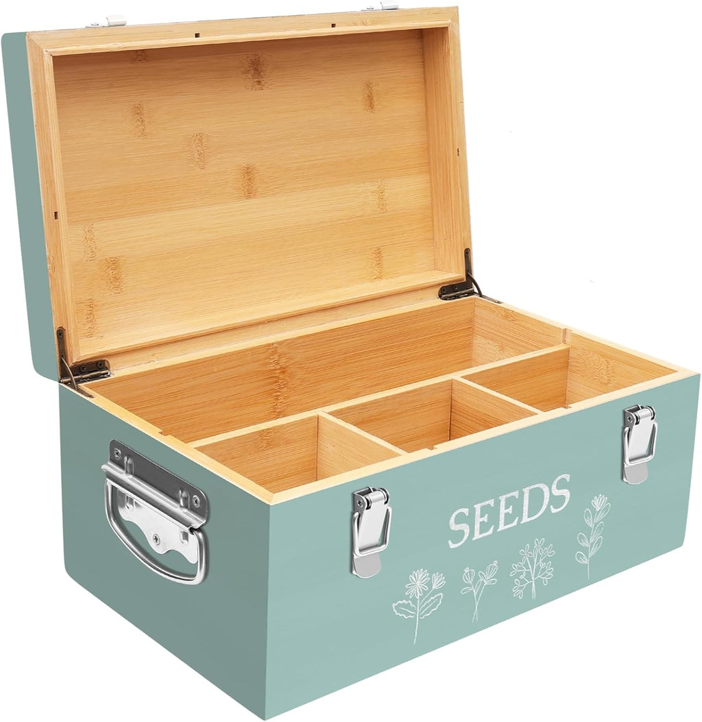Large Bamboo Wood Seed Storage Organizer Box with Lid, Double-Layer Seal Design Seed Saving Box with 304 Stainless