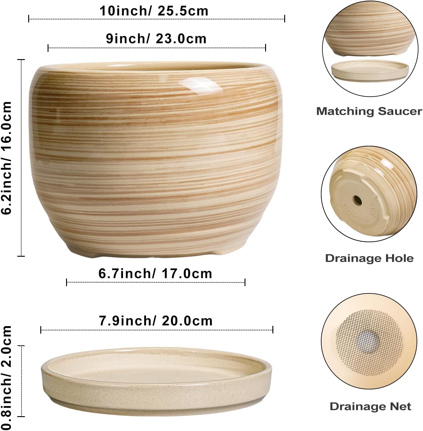 SQOWL Ceramic Plant Pot - 10 Inch Large Planter with Drainage Hole and Saucer, Round Modern Planter for Indoor Plant
