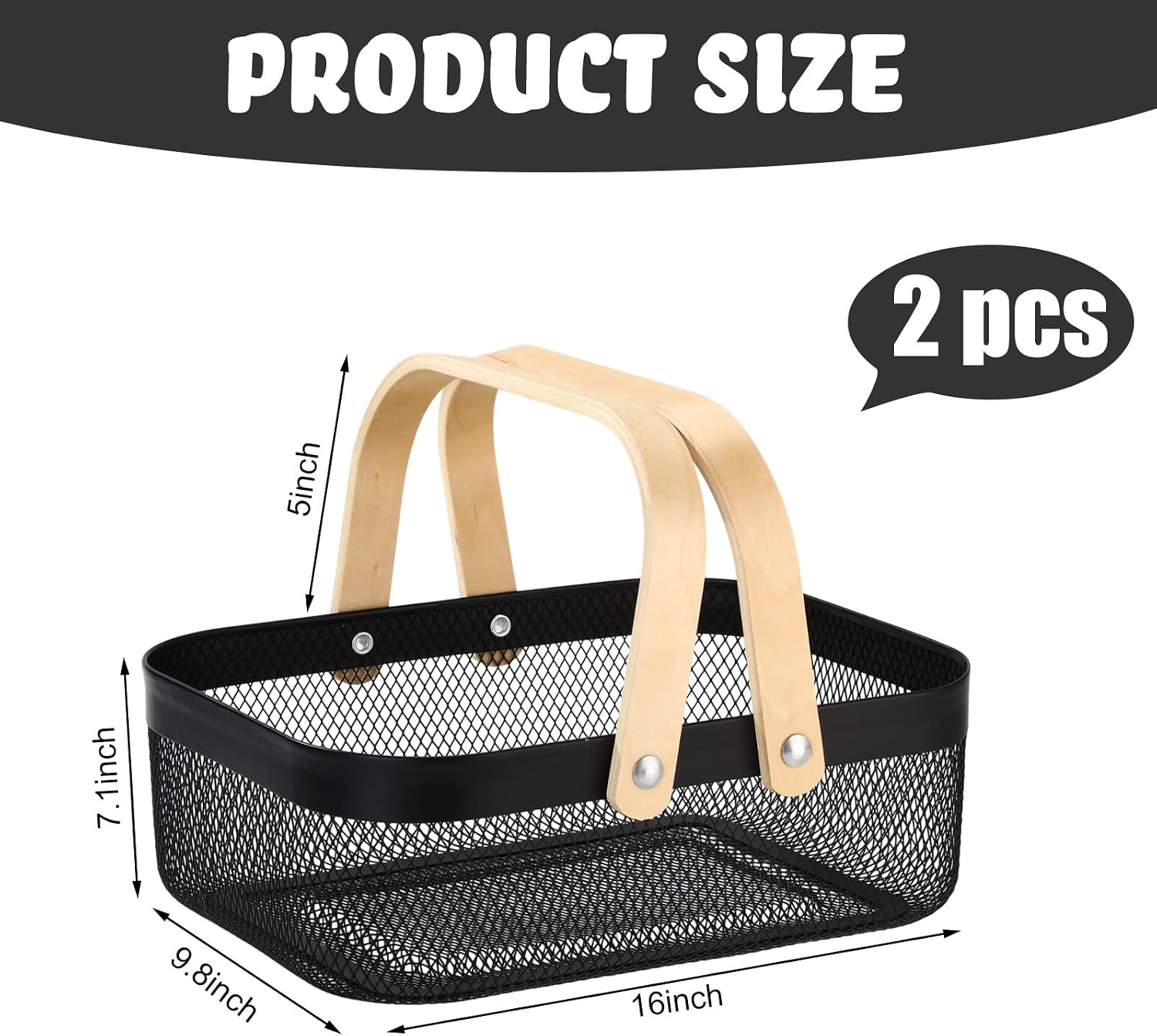 Sadnyy 2 Pcs Black Metal Wire Storage Basket with Handle Mesh Harvest Durable Vegetables Fruit Toy Basket for Garden