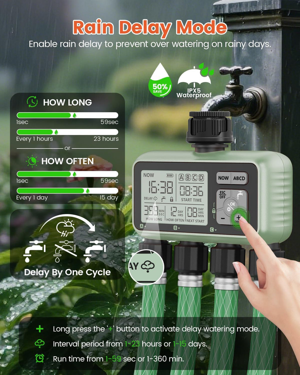 4 Zone Sprinkler Timer, Programmable Water Timer for Garden Hose | 4 independent zones, programmable watering, rain