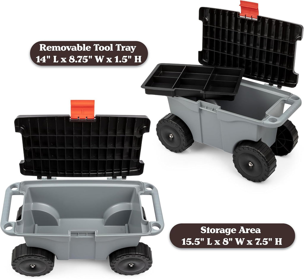 Pure Garden Rolling Garden Cart with Seat, Gray | Plastic Gardening Stool Bench with Interior Garden Tool Storage Tray