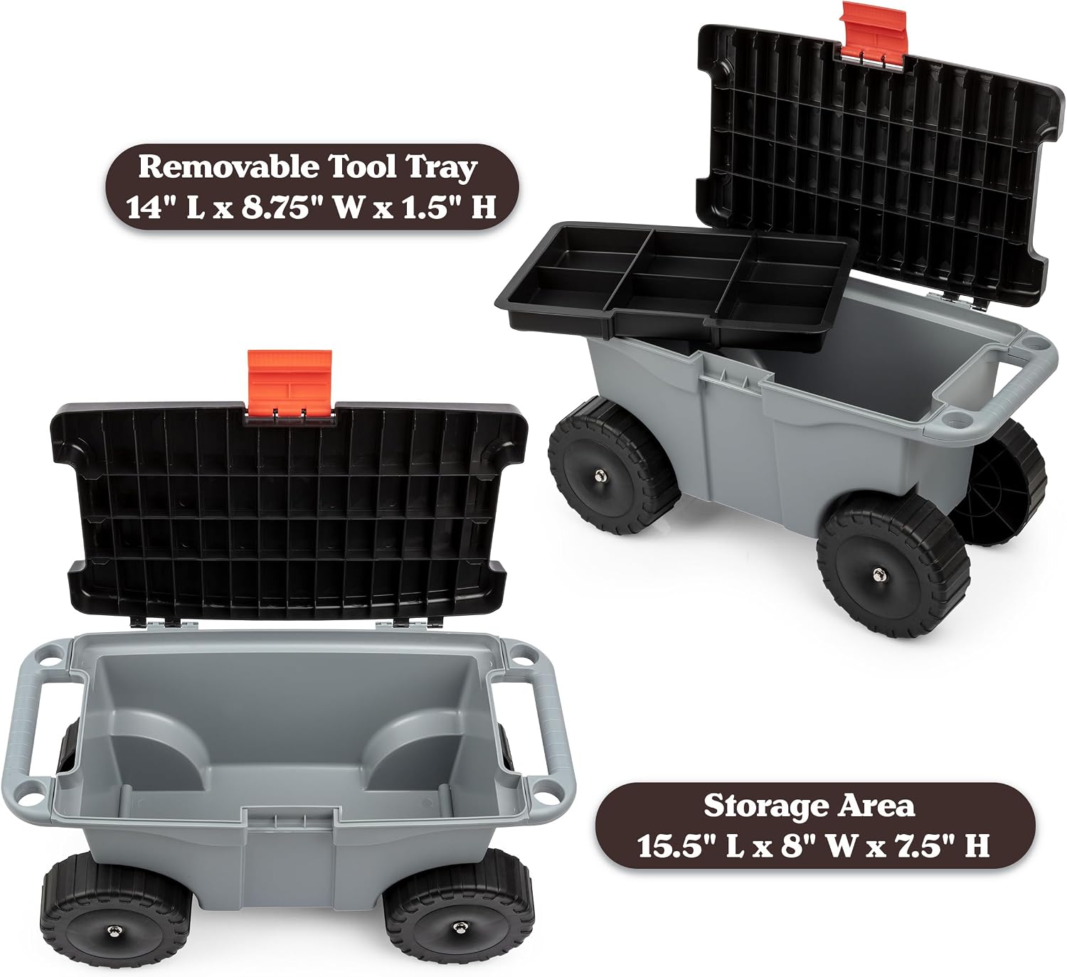 Pure Garden Rolling Garden Cart with Seat, Gray | Plastic Gardening Stool Bench with Interior Garden Tool Storage Tray
