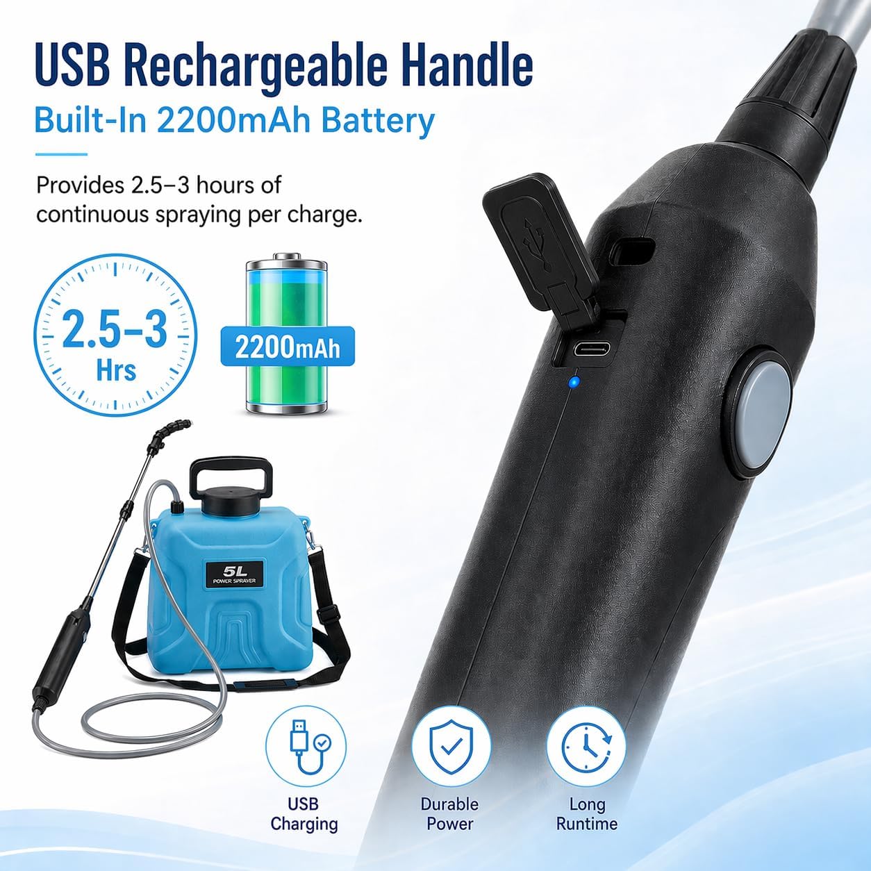 5L Plant Watering Can - Rechargeable Cordless Sprayer with Wand | Includes an Extendable 25.6–33.4 in Wand, 2 M Hose